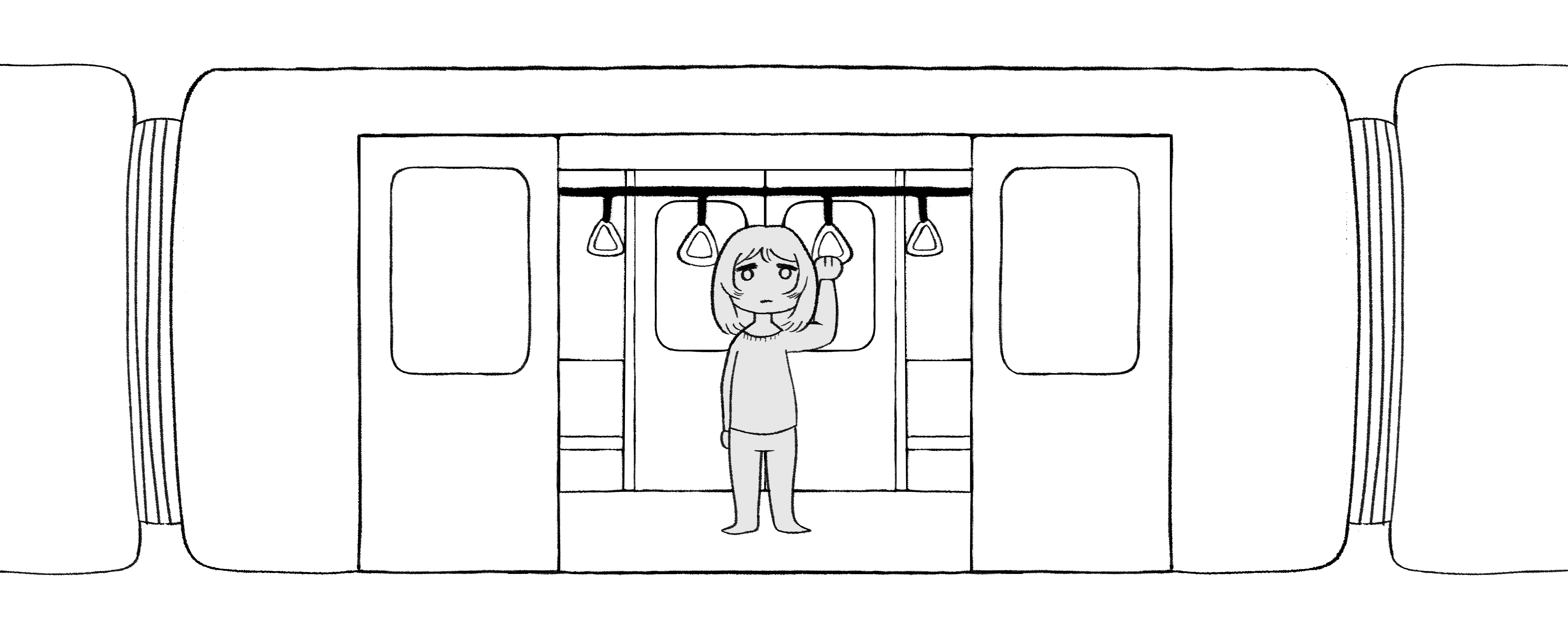 Drawing of a girl standing in a subway car, holding onto a grab handle overhead.